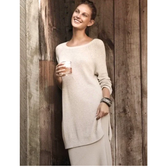 Anthropologie Moth Cotton & Cashmere Oatmeal Crew Neck Side Slit Tunic Sweater - Picture 1 of 12